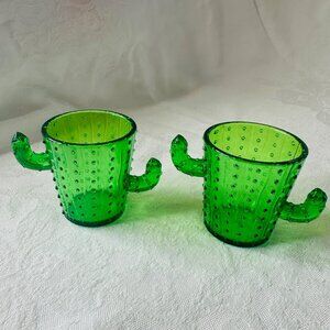 2 Green Cactus Shot Glasses Plastic Cups Southwest Western Barware Fiesta Decor